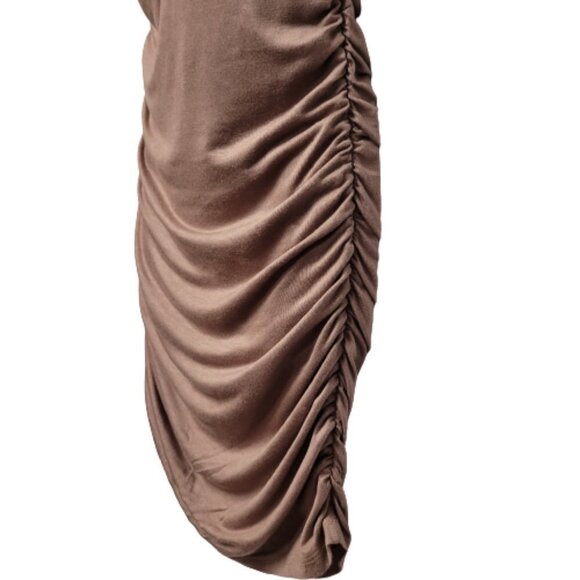 ONE Shoulder Body Con Brown Dress Mini Ruched Ruffle  Size L - Picture 4 of 8